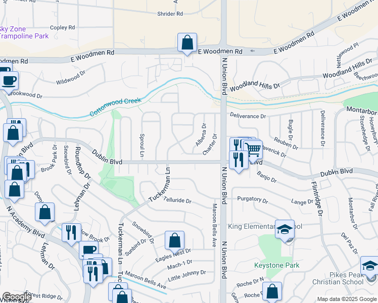 map of restaurants, bars, coffee shops, grocery stores, and more near 6526 Charter Dr in Colorado Springs