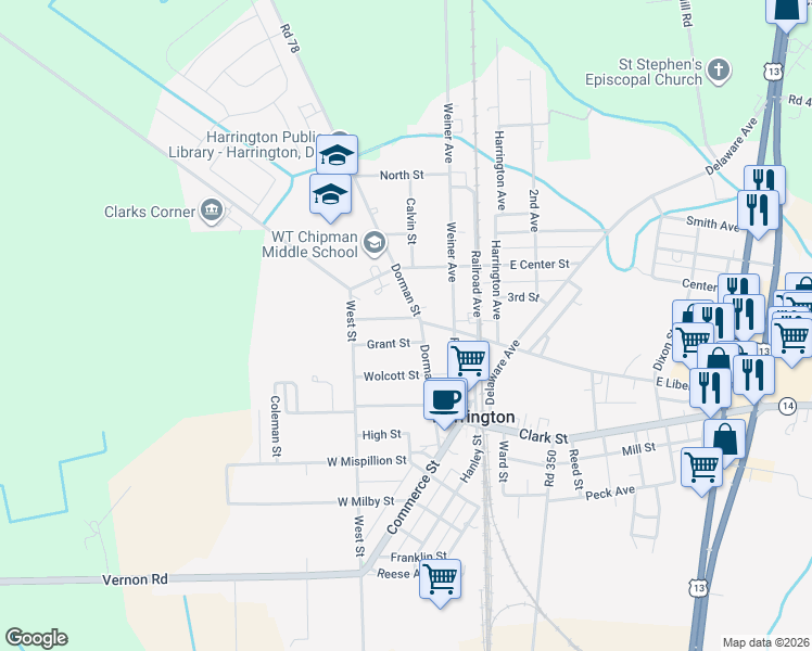 map of restaurants, bars, coffee shops, grocery stores, and more near 105 West Liberty Street in Harrington