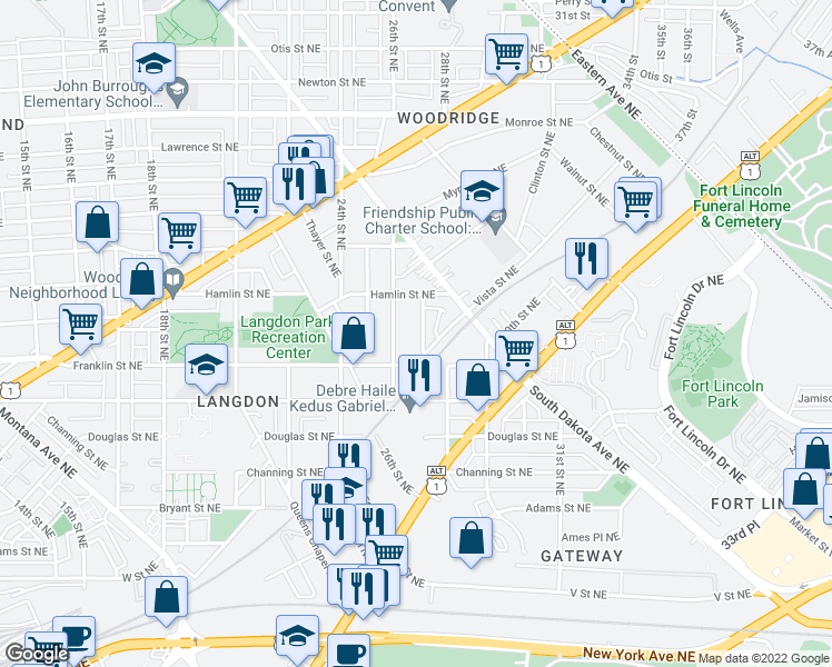 map of restaurants, bars, coffee shops, grocery stores, and more near 2828 27th Street Northeast in Washington