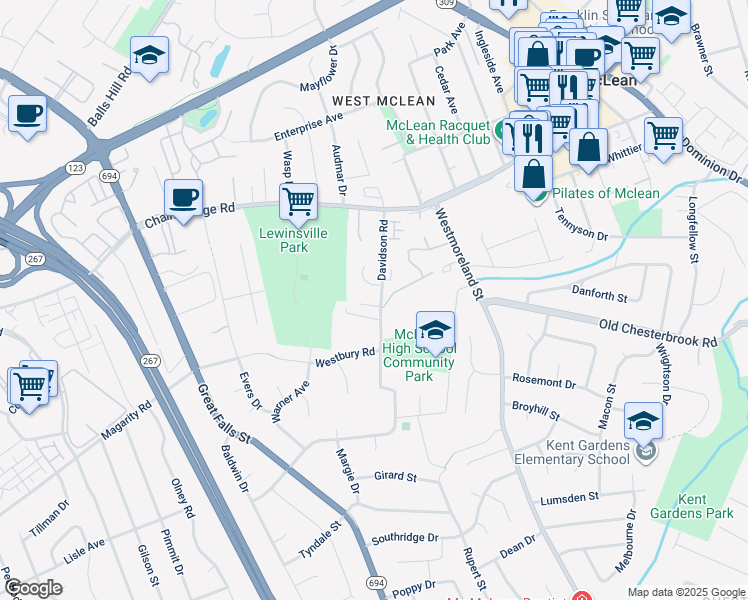 map of restaurants, bars, coffee shops, grocery stores, and more near 7000 Symphony Court in McLean