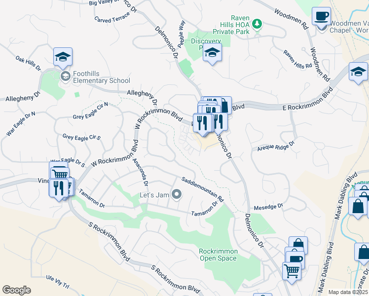 map of restaurants, bars, coffee shops, grocery stores, and more near 6554 Foxdale Circle in Colorado Springs