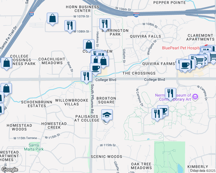 map of restaurants, bars, coffee shops, grocery stores, and more near 13317 West 111th Terrace in Overland Park