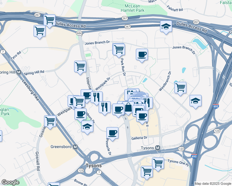 map of restaurants, bars, coffee shops, grocery stores, and more near 1641 International Drive in McLean