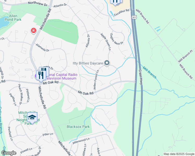 map of restaurants, bars, coffee shops, grocery stores, and more near 16200 Angel Falls Lane in Bowie