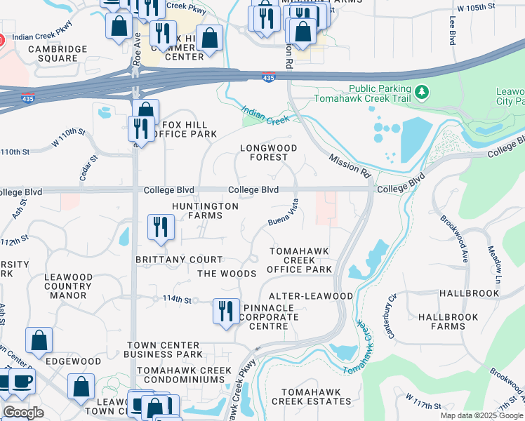 map of restaurants, bars, coffee shops, grocery stores, and more near 4156 West 111th Terrace in Leawood