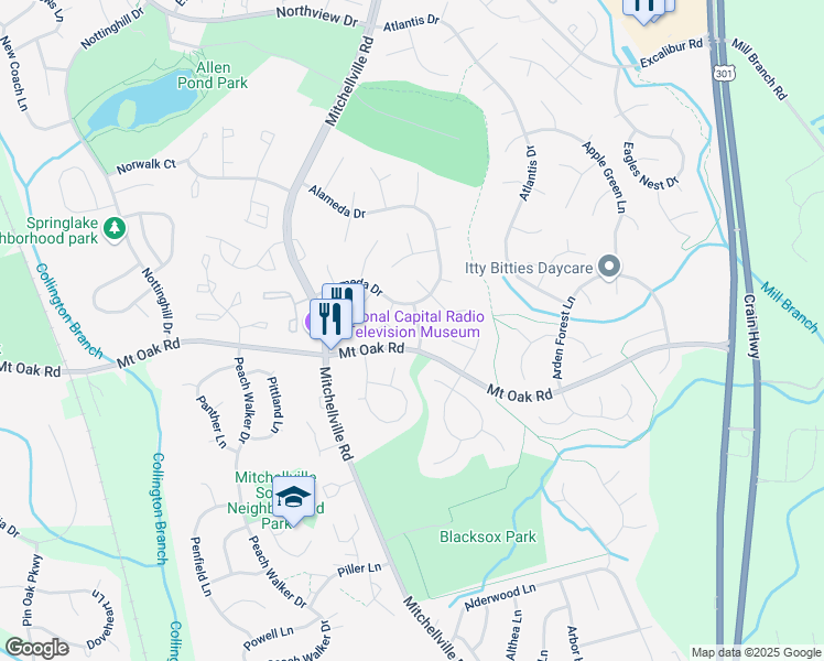 map of restaurants, bars, coffee shops, grocery stores, and more near 2700 Aloha Place in Bowie