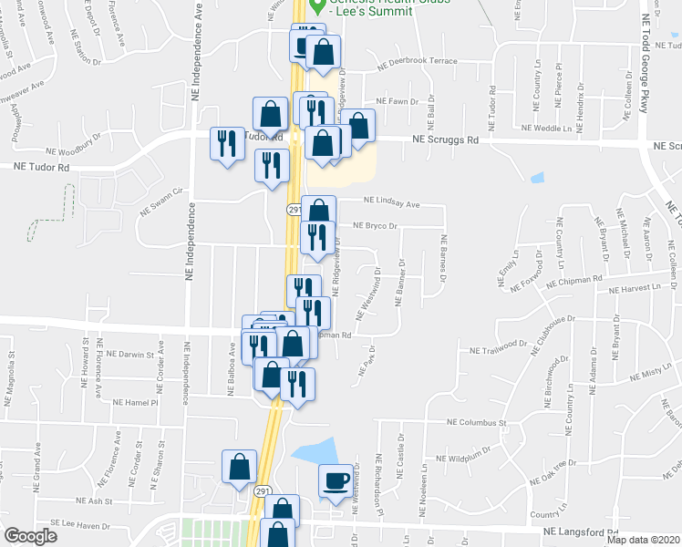 map of restaurants, bars, coffee shops, grocery stores, and more near 803 Northeast Ridgeview Drive in Lee's Summit