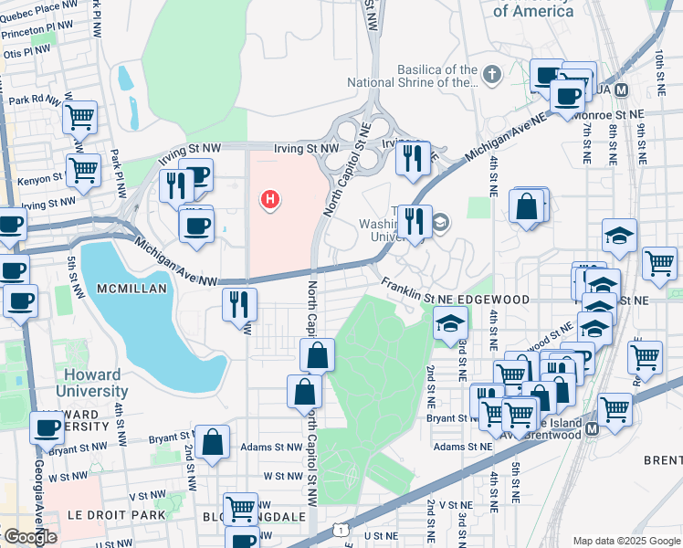 map of restaurants, bars, coffee shops, grocery stores, and more near 35 Michigan Avenue Northeast in Washington