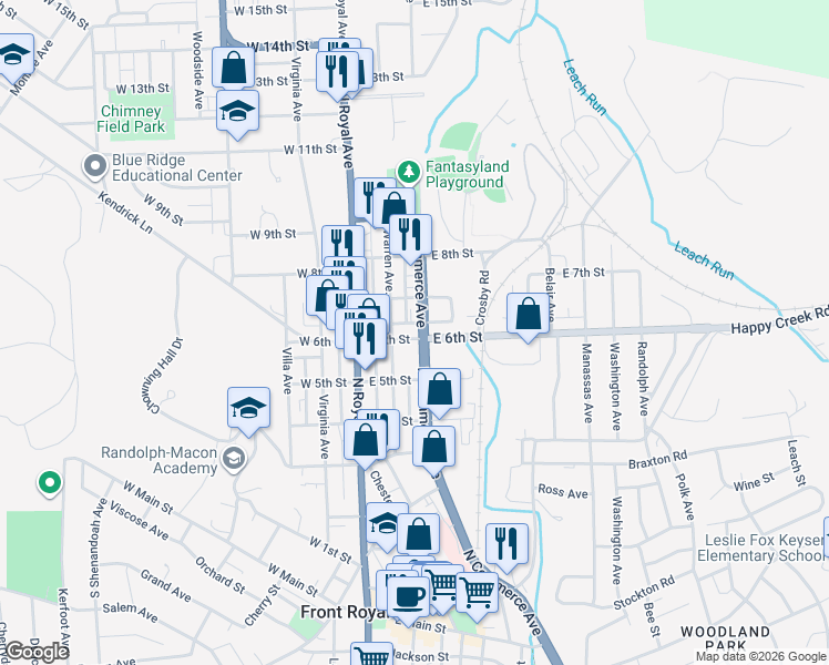 map of restaurants, bars, coffee shops, grocery stores, and more near 600 North Commerce Avenue in Front Royal