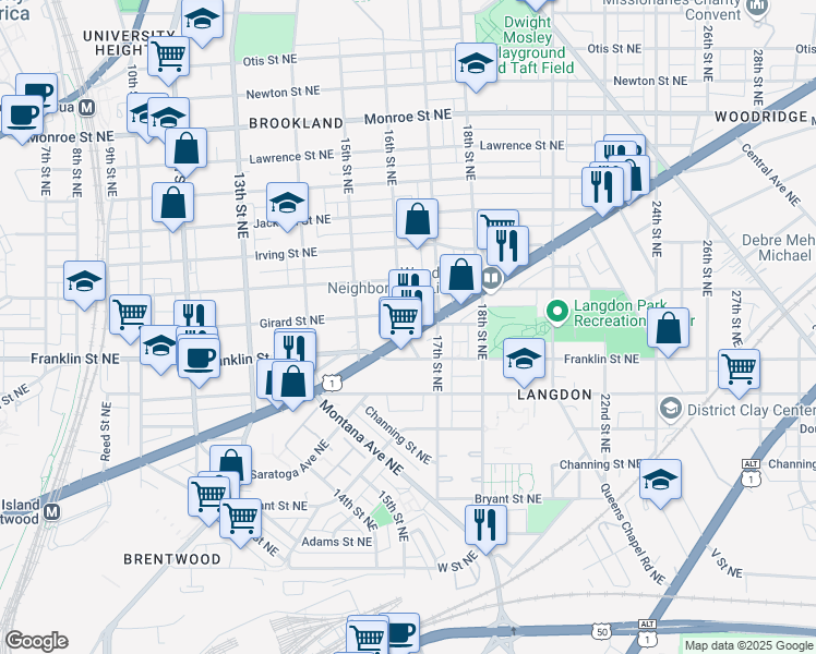 map of restaurants, bars, coffee shops, grocery stores, and more near 1600 Rhode Island Avenue Northeast in Washington