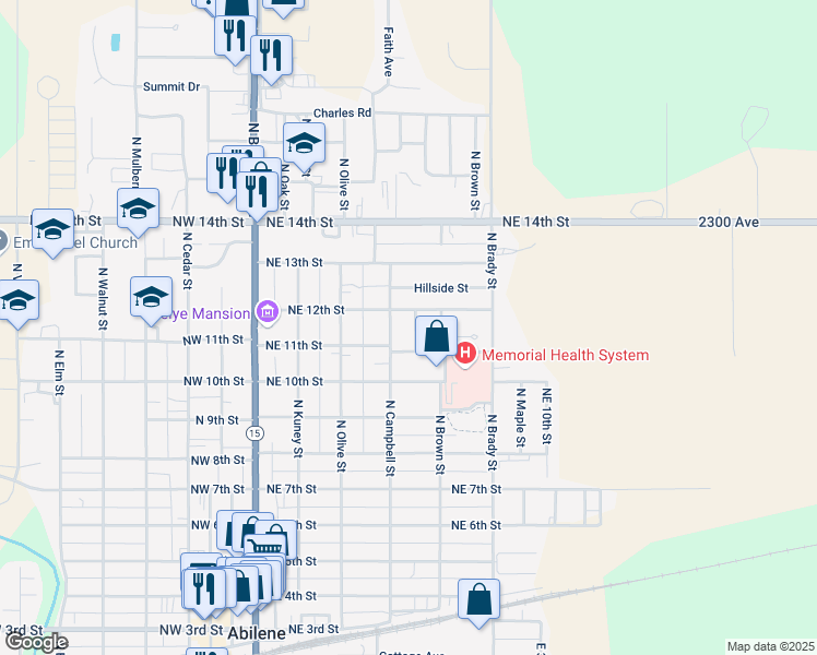 map of restaurants, bars, coffee shops, grocery stores, and more near 1107 North Hickok Street in Abilene