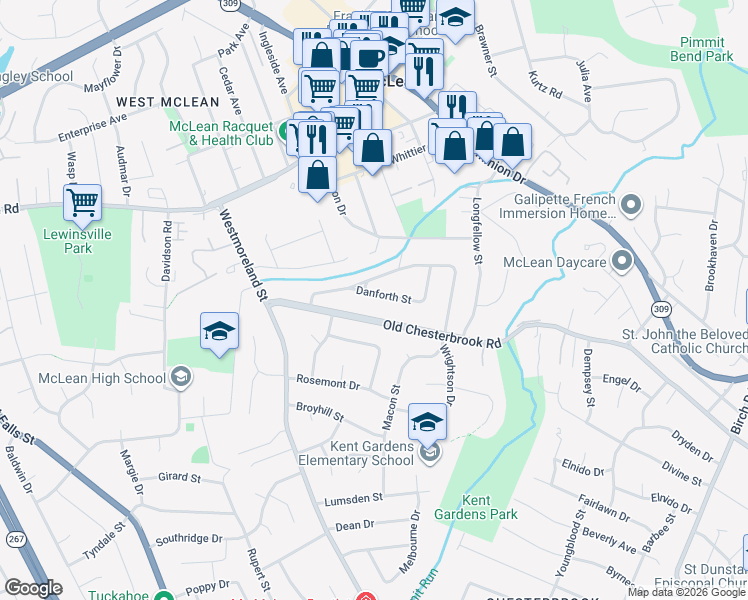 map of restaurants, bars, coffee shops, grocery stores, and more near 6723 Danforth Street in McLean