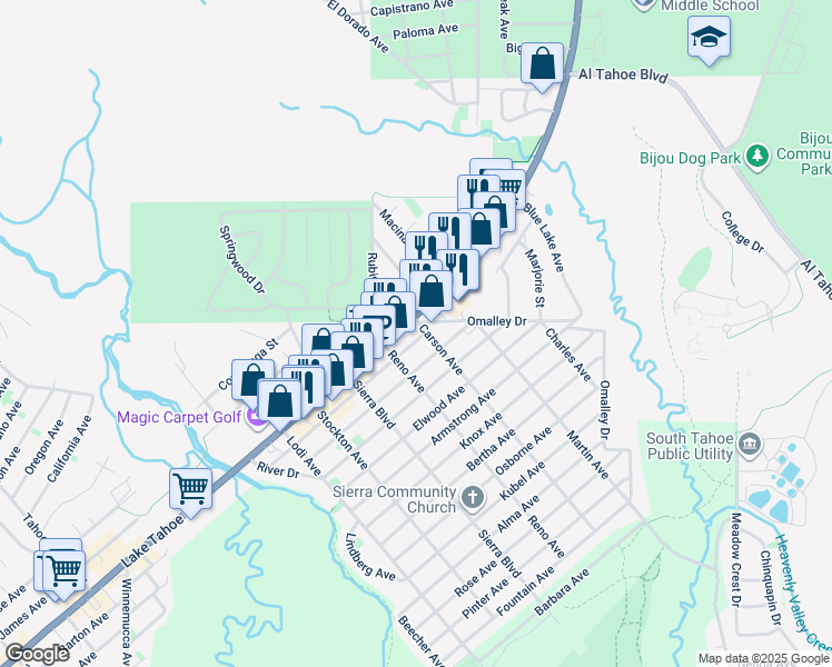 map of restaurants, bars, coffee shops, grocery stores, and more near 2620 Lake Tahoe Boulevard in South Lake Tahoe