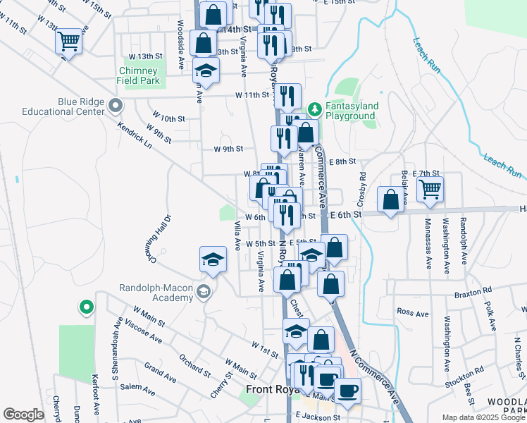 map of restaurants, bars, coffee shops, grocery stores, and more near 21 West 6th Street in Front Royal
