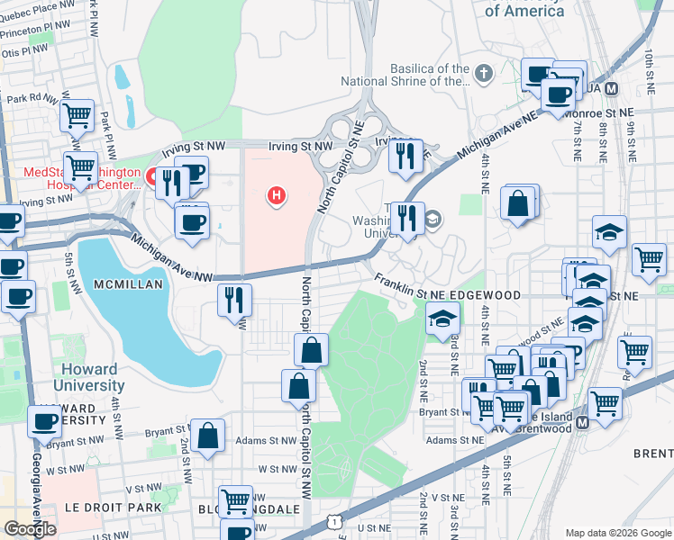 map of restaurants, bars, coffee shops, grocery stores, and more near 101 Independence Avenue Southeast in Washington