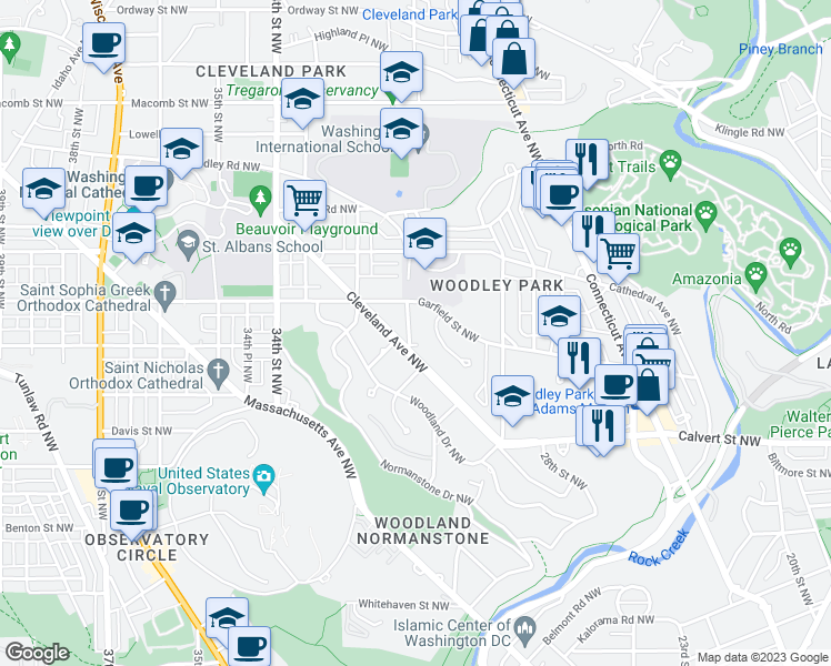 map of restaurants, bars, coffee shops, grocery stores, and more near 2805 31st Street Northwest in Washington
