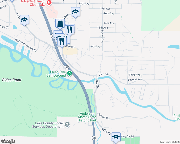 map of restaurants, bars, coffee shops, grocery stores, and more near 16020 Dam Road in Clearlake