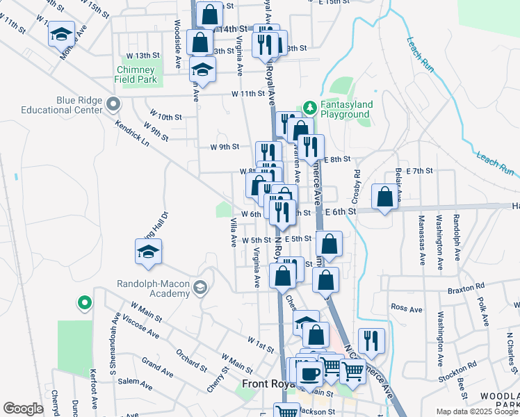 map of restaurants, bars, coffee shops, grocery stores, and more near 21 West 6th Street in Front Royal