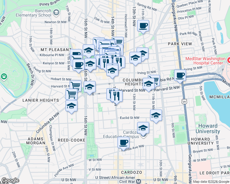map of restaurants, bars, coffee shops, grocery stores, and more near 14th St NW & Harvard St NW in Washington