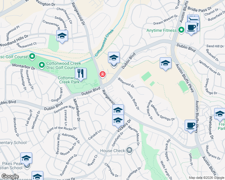 map of restaurants, bars, coffee shops, grocery stores, and more near 6589 Baytree Grove in Colorado Springs
