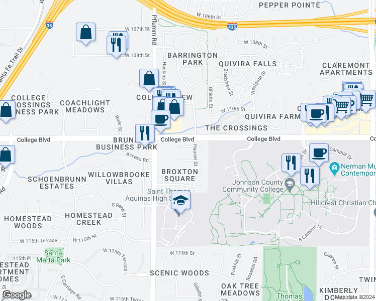 map of restaurants, bars, coffee shops, grocery stores, and more near 13305 West 111th Terrace in Overland Park