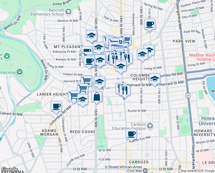 map of restaurants, bars, coffee shops, grocery stores, and more near 101 Independence Avenue Southeast in Washington