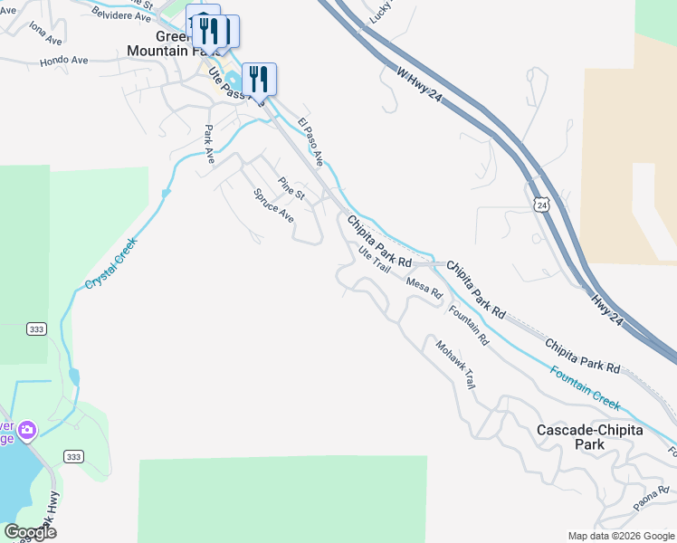 map of restaurants, bars, coffee shops, grocery stores, and more near 10196 Wildwood Road in Cascade-Chipita Park