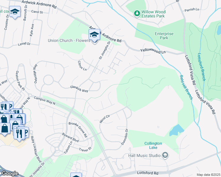 map of restaurants, bars, coffee shops, grocery stores, and more near 2608 Somerton Court in Bowie