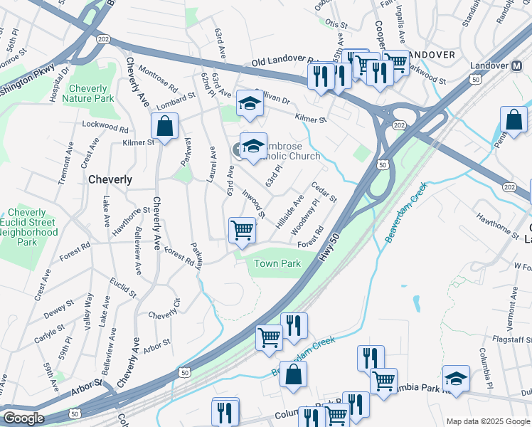 map of restaurants, bars, coffee shops, grocery stores, and more near 2901 64th Avenue in Cheverly
