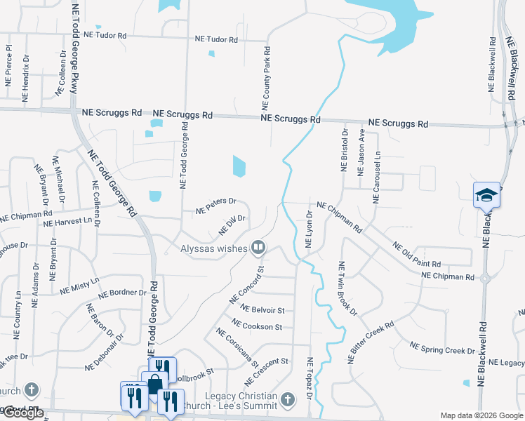 map of restaurants, bars, coffee shops, grocery stores, and more near 2112 Northeast Patterson Drive in Lee's Summit