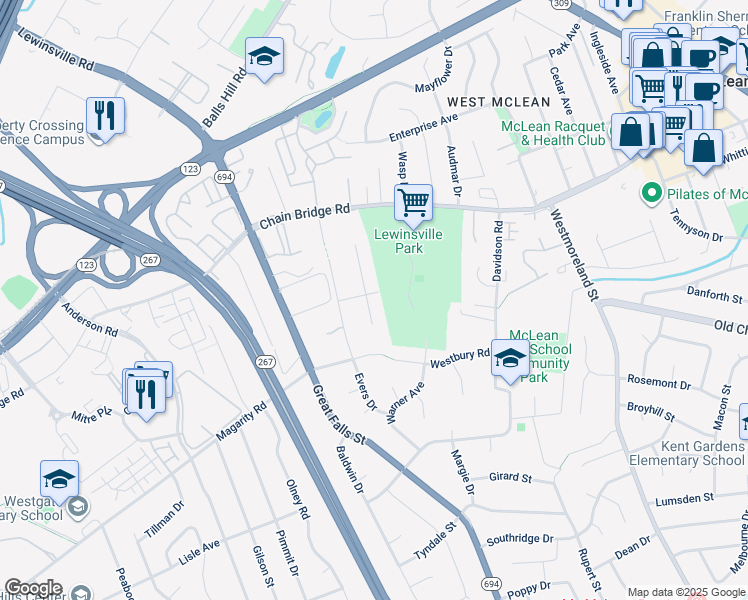 map of restaurants, bars, coffee shops, grocery stores, and more near 1601 Mary Ellen Court in McLean