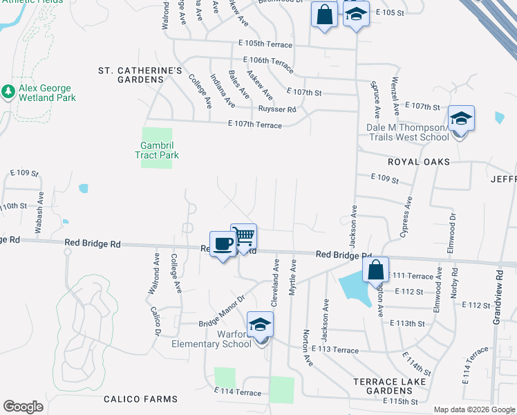 map of restaurants, bars, coffee shops, grocery stores, and more near 10925 Bales Avenue in Kansas City