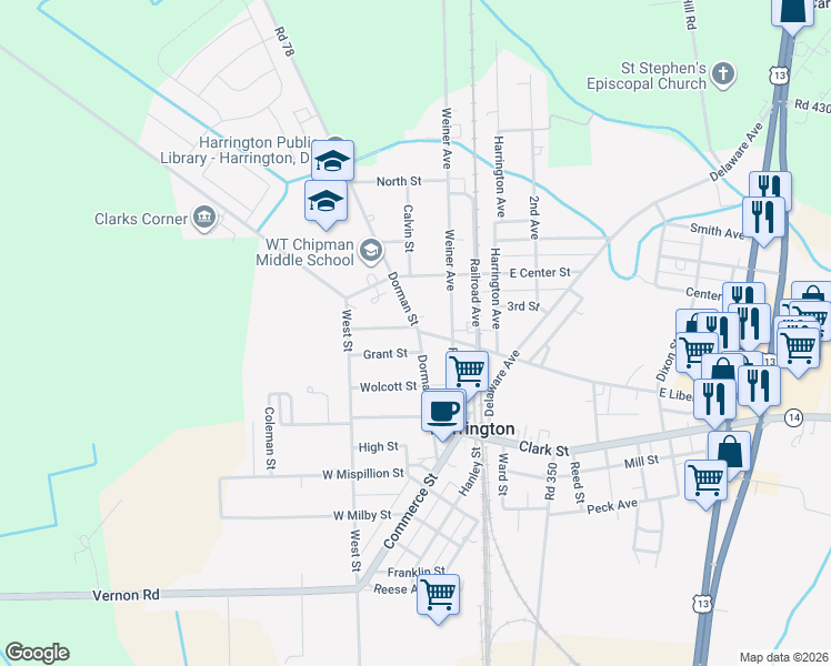 map of restaurants, bars, coffee shops, grocery stores, and more near 105 West Liberty Street in Harrington