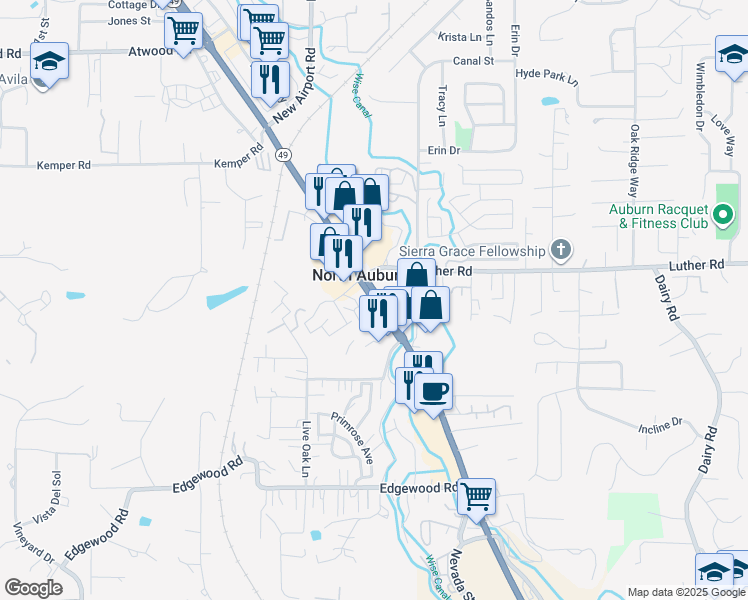 map of restaurants, bars, coffee shops, grocery stores, and more near 1519 Grass Valley Highway in Auburn