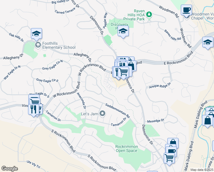 map of restaurants, bars, coffee shops, grocery stores, and more near 6554 Foxdale Circle in Colorado Springs
