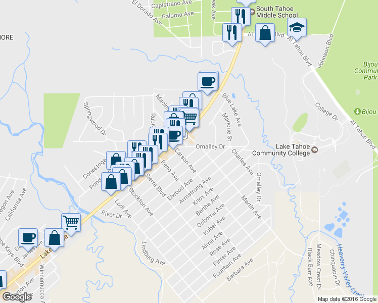 map of restaurants, bars, coffee shops, grocery stores, and more near 2645 Chris Avenue in South Lake Tahoe