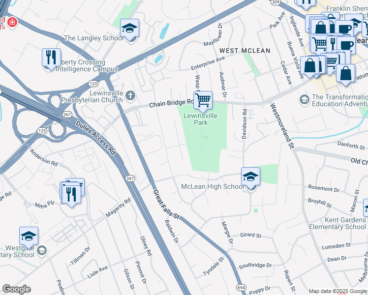 map of restaurants, bars, coffee shops, grocery stores, and more near 1601 Mary Ellen Court in McLean