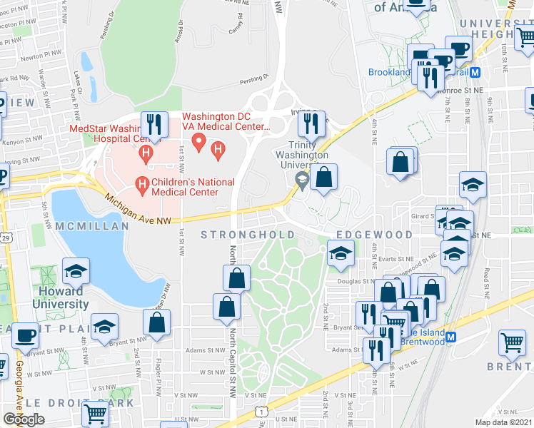 map of restaurants, bars, coffee shops, grocery stores, and more near 53 Michigan Avenue Northeast in Washington