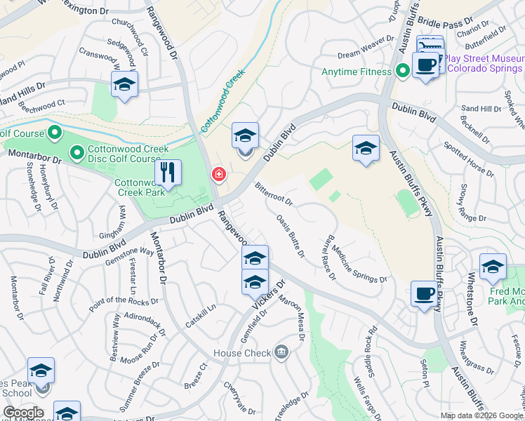 map of restaurants, bars, coffee shops, grocery stores, and more near 7002 Oasis Butte Drive in Colorado Springs