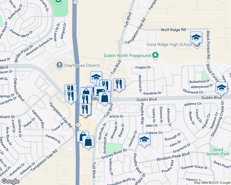 map of restaurants, bars, coffee shops, grocery stores, and more near 6045 Vickie Lane in Colorado Springs