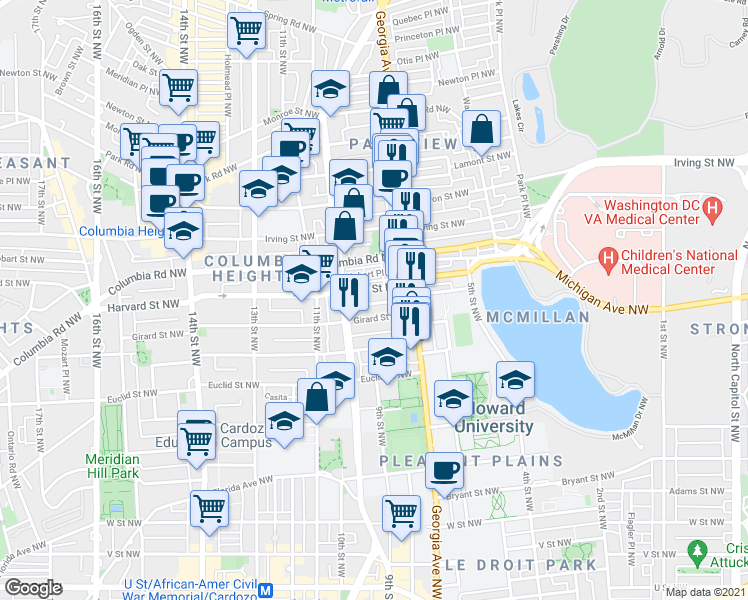 map of restaurants, bars, coffee shops, grocery stores, and more near 101 Independence Avenue Southeast in Washington
