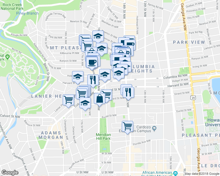 map of restaurants, bars, coffee shops, grocery stores, and more near 1469 Harvard Street Northwest in Washington