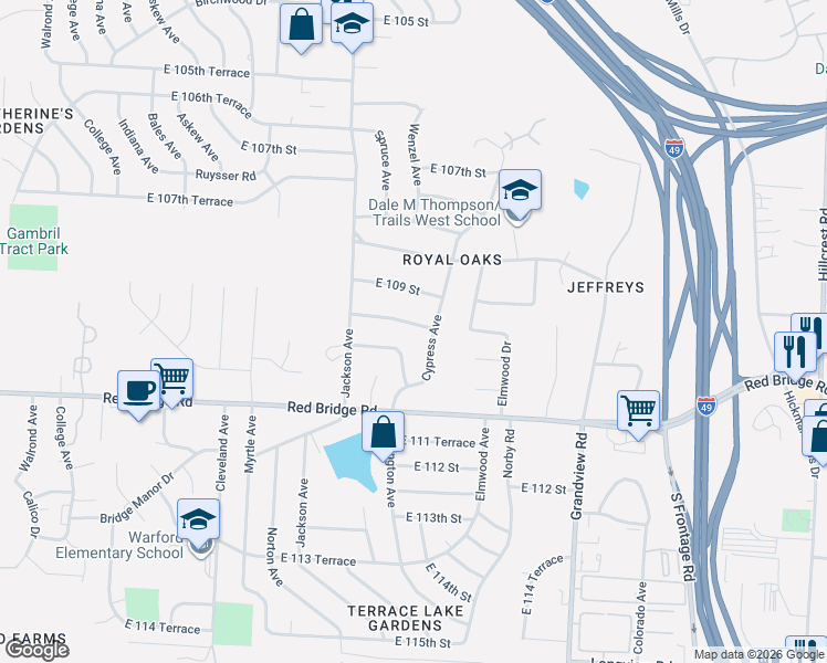 map of restaurants, bars, coffee shops, grocery stores, and more near 4405 East 109 Terrace in Kansas City