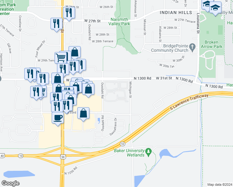 map of restaurants, bars, coffee shops, grocery stores, and more near 3100 Ousdahl Road in Lawrence