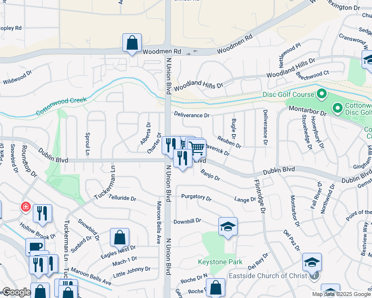 map of restaurants, bars, coffee shops, grocery stores, and more near 2864 Dublin Boulevard in Colorado Springs