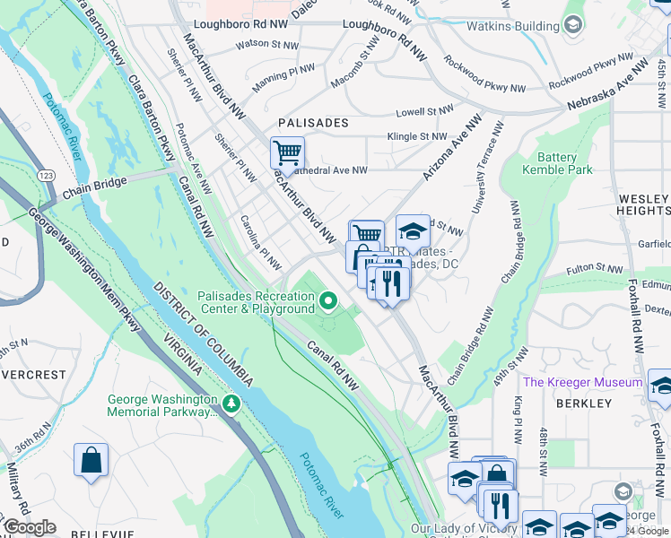 map of restaurants, bars, coffee shops, grocery stores, and more near 5231 Sherier Place Northwest in Washington