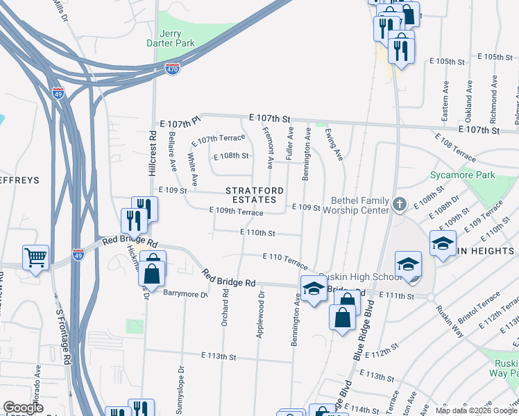 map of restaurants, bars, coffee shops, grocery stores, and more near 6300 East 109th Terrace in Kansas City