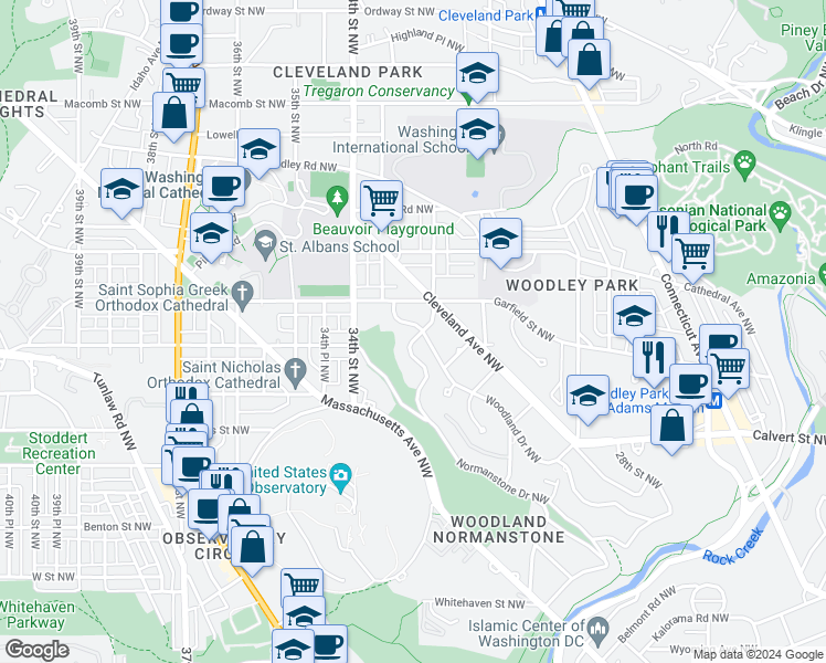 map of restaurants, bars, coffee shops, grocery stores, and more near 3200 Woodland Drive Northwest in Washington