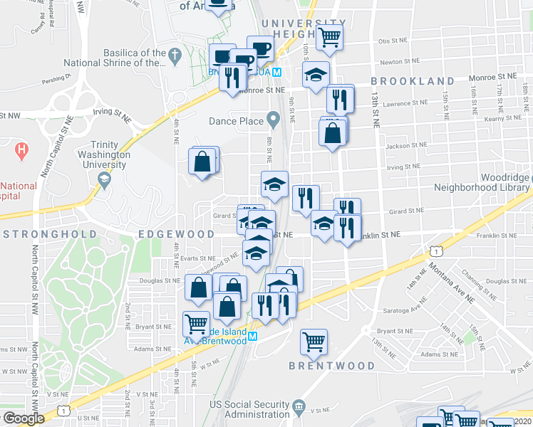 map of restaurants, bars, coffee shops, grocery stores, and more near 2908 Edgewood Street Northeast in Washington