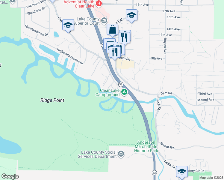 map of restaurants, bars, coffee shops, grocery stores, and more near 7665 Cache Creek Way in Clearlake